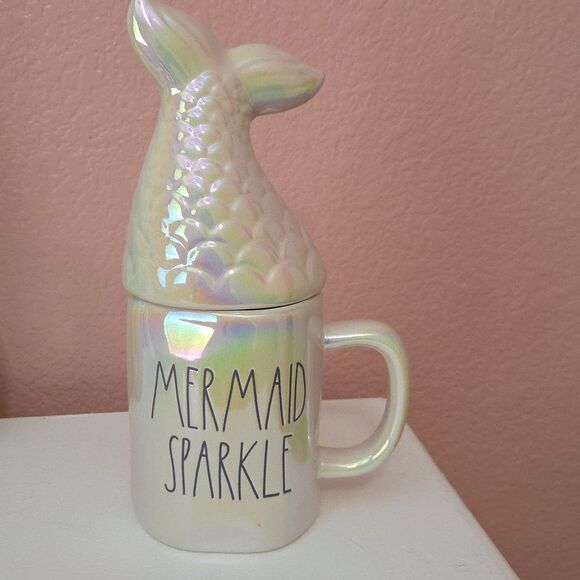 Rae Dunn Mermaid Sparkle iridescent ceramic mug with a mermaid tail lid - Picture 1 of 5